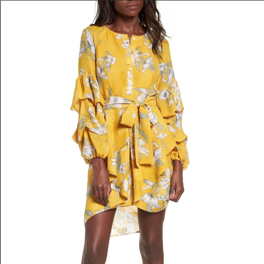 Chriselle x J.O.A. Yellow Tiered Sleeve Mini Dress